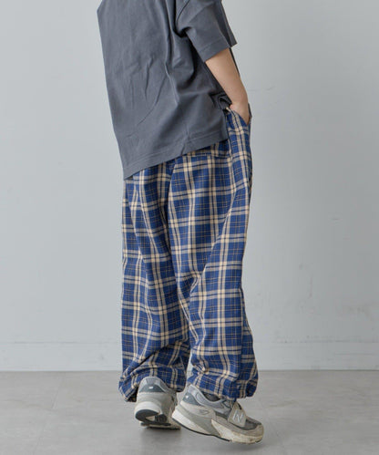 【兒童】【紅色&藍色】下襬抽繩格紋休閒褲