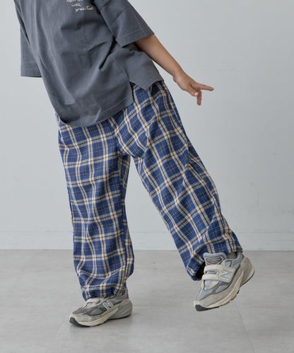 【兒童】【紅色&藍色】下襬抽繩格紋休閒褲