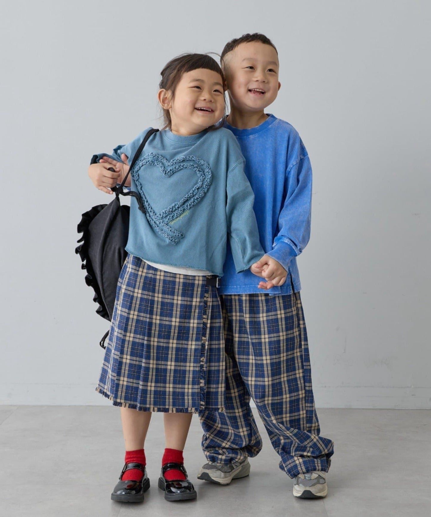 【兒童】【紅色&藍色】下襬抽繩格紋休閒褲