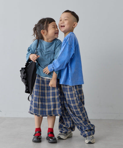 【兒童】【紅色&藍色】下襬抽繩格紋休閒褲