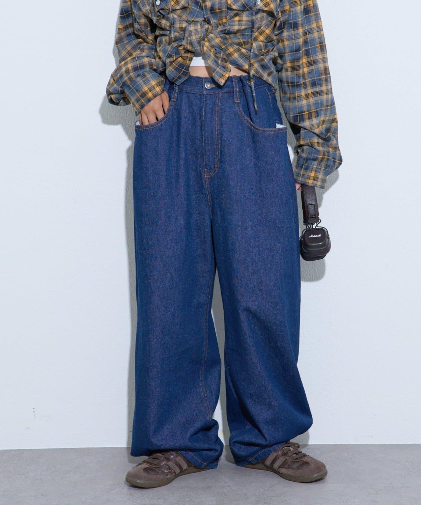 【薩基企劃】【可調節腰圍】超染褶皺設計牛仔褲