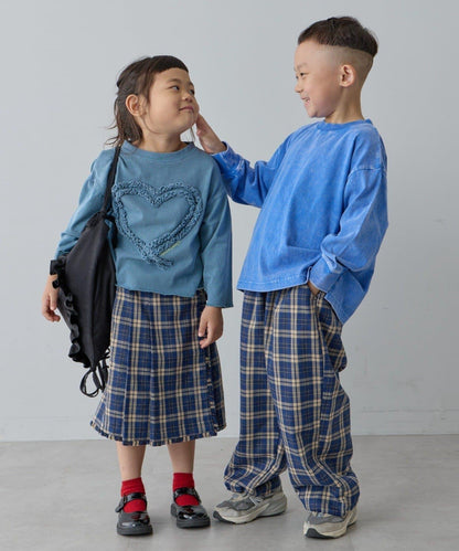 【兒童】【紅色&藍色】下襬抽繩格紋休閒褲