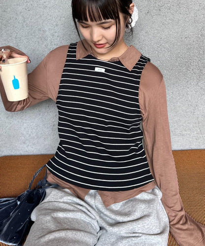【CIAOPANIC TYPY】條紋背心疊穿翻領透視剪裁襯衫