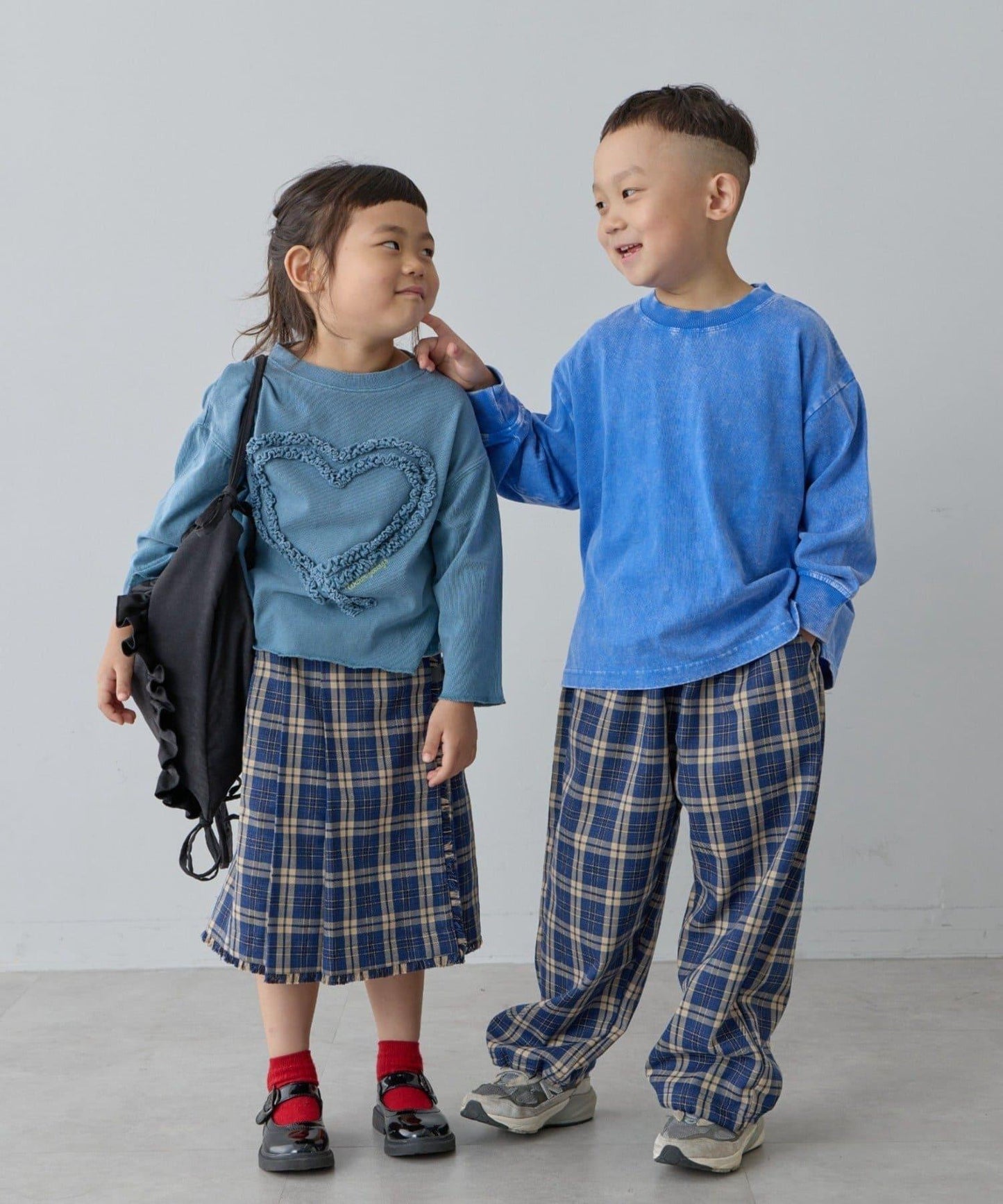 【兒童】【紅色&藍色】下襬抽繩格紋休閒褲