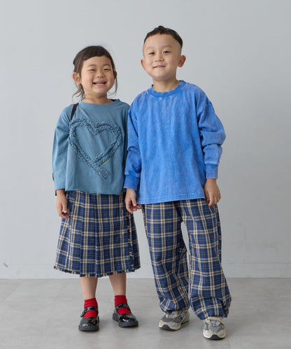 【兒童】【紅色&藍色】下襬抽繩格紋休閒褲