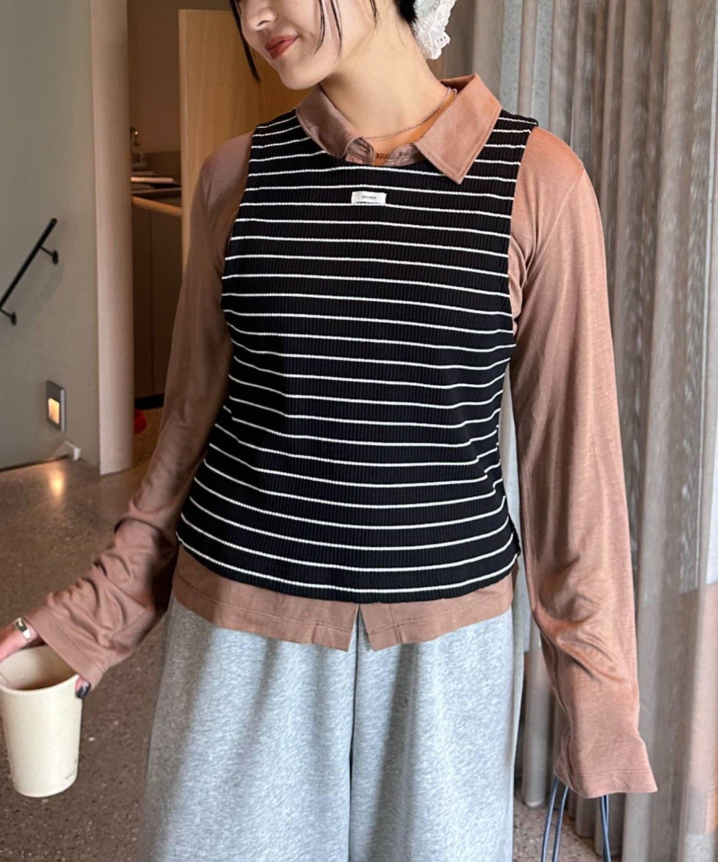 【CIAOPANIC TYPY】條紋背心疊穿翻領透視剪裁襯衫