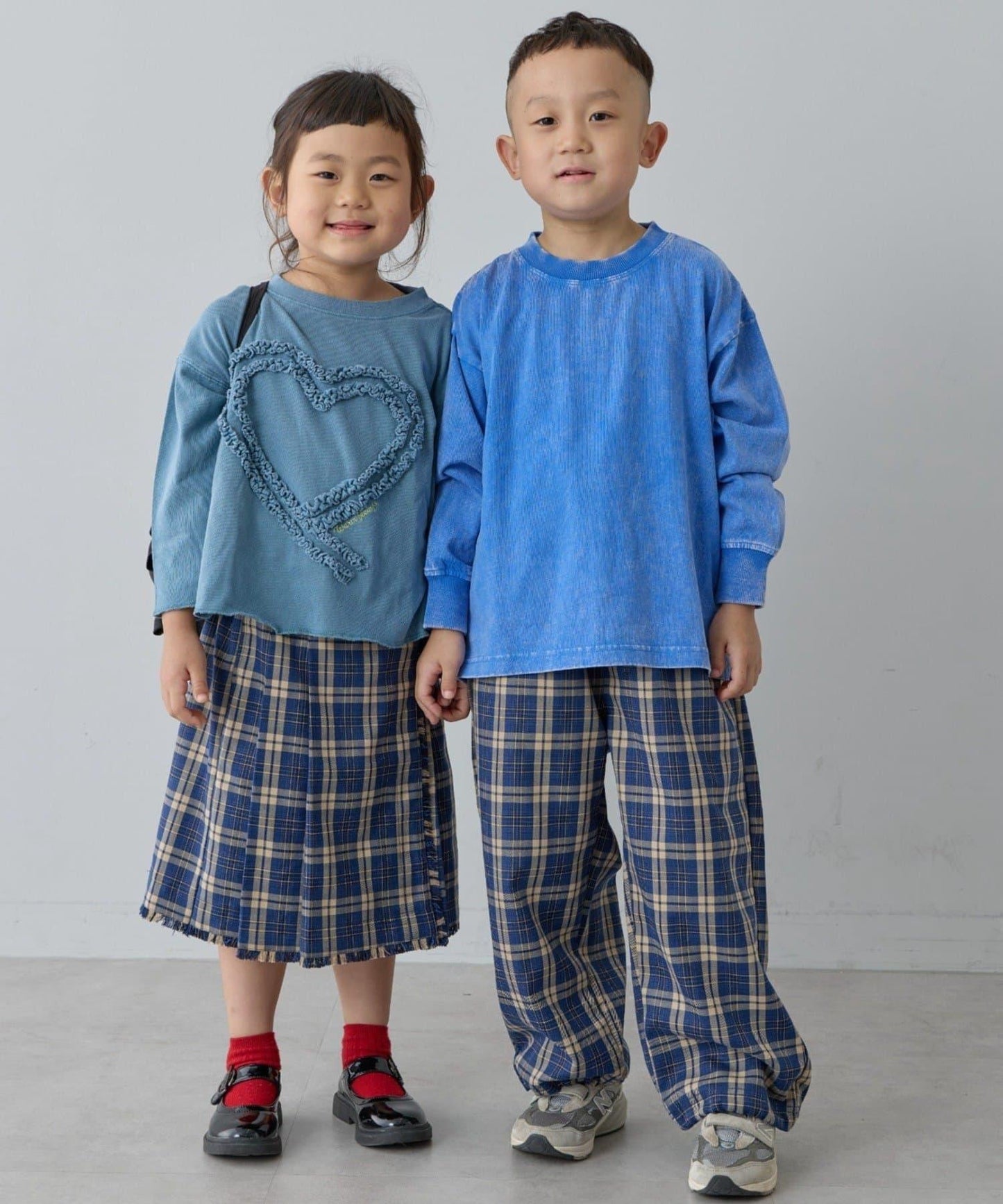 【兒童】【紅色&藍色】下襬抽繩格紋休閒褲