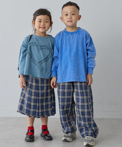 【兒童】【紅色&藍色】下襬抽繩格紋休閒褲