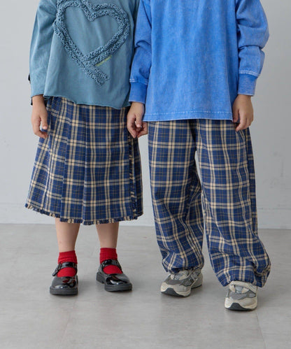 【兒童】【紅色&藍色】下襬抽繩格紋休閒褲