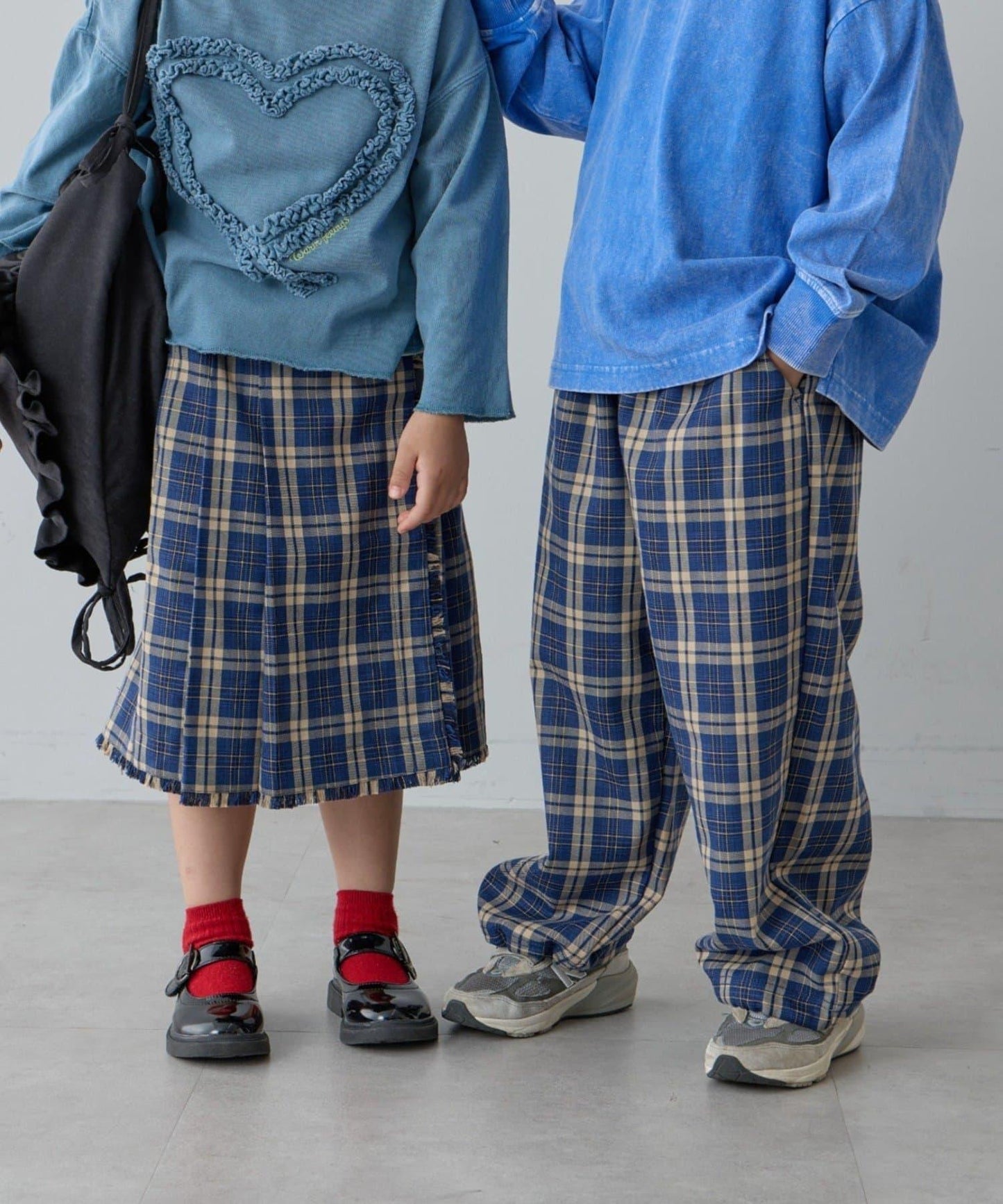【兒童】【紅色&藍色】下襬抽繩格紋休閒褲