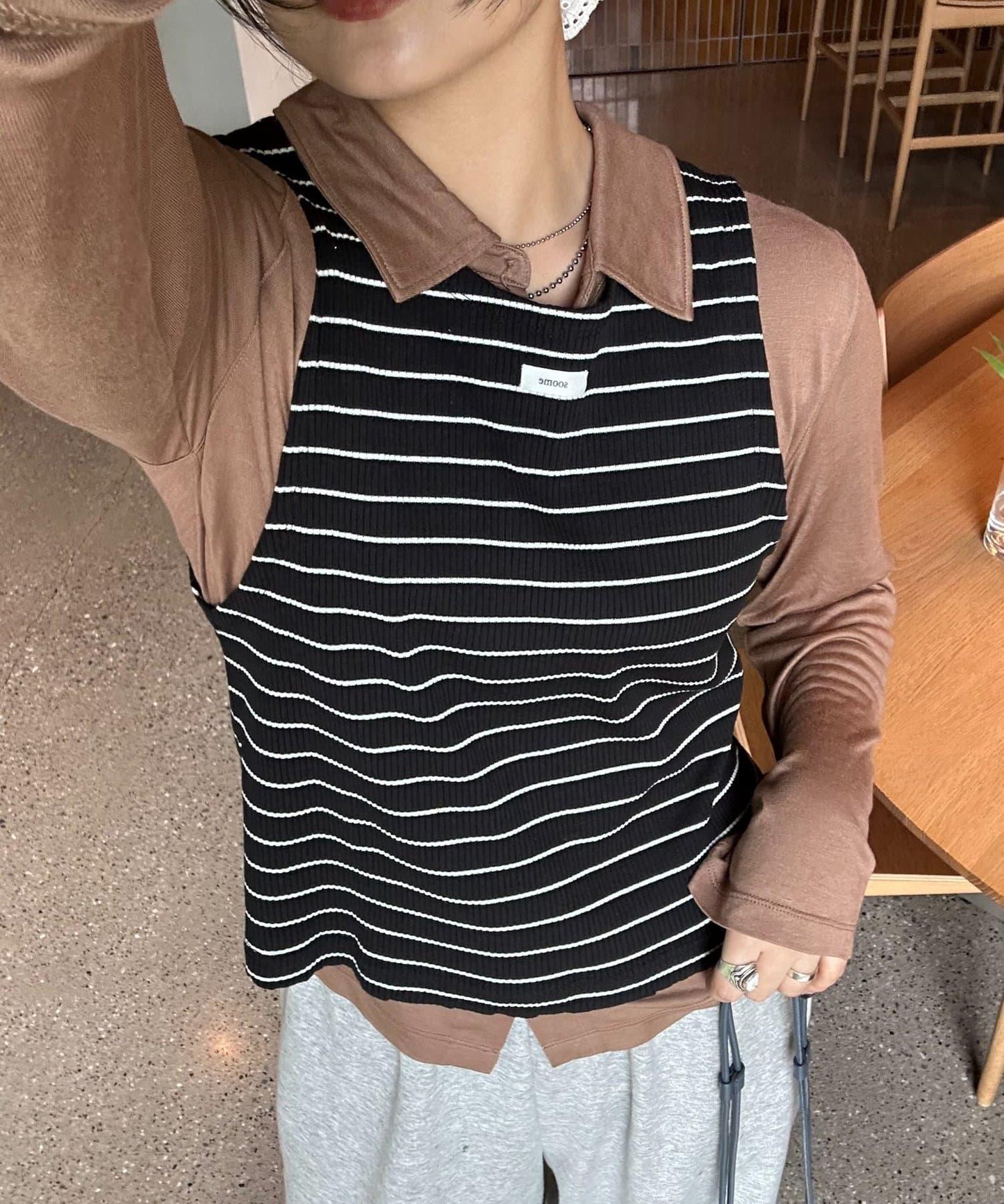 【CIAOPANIC TYPY】條紋背心疊穿翻領透視剪裁襯衫