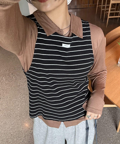 【CIAOPANIC TYPY】條紋背心疊穿翻領透視剪裁襯衫