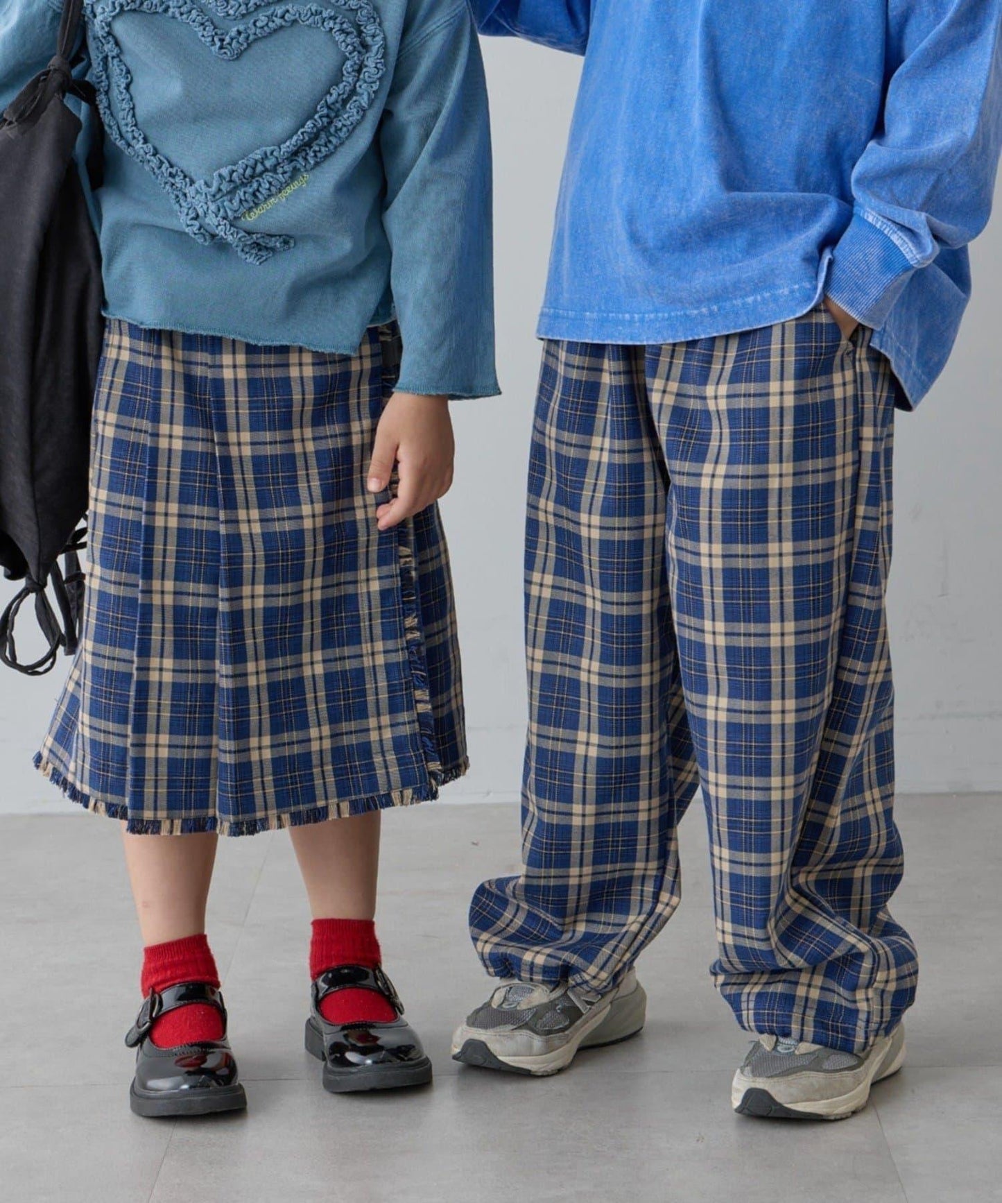 【兒童】【紅色&藍色】下襬抽繩格紋休閒褲