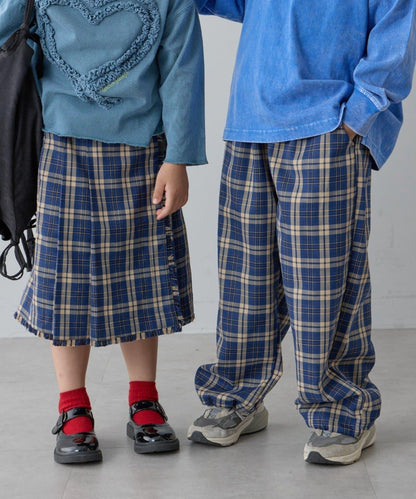 【兒童】【紅色&藍色】下襬抽繩格紋休閒褲