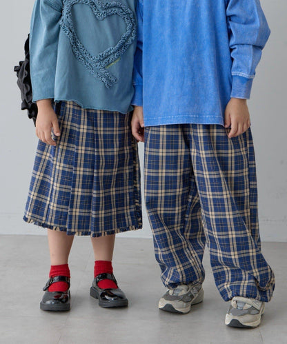 【兒童】【紅色&藍色】下襬抽繩格紋休閒褲