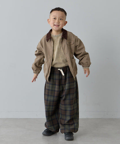 【兒童】【紅色&藍色】下襬抽繩格紋休閒褲