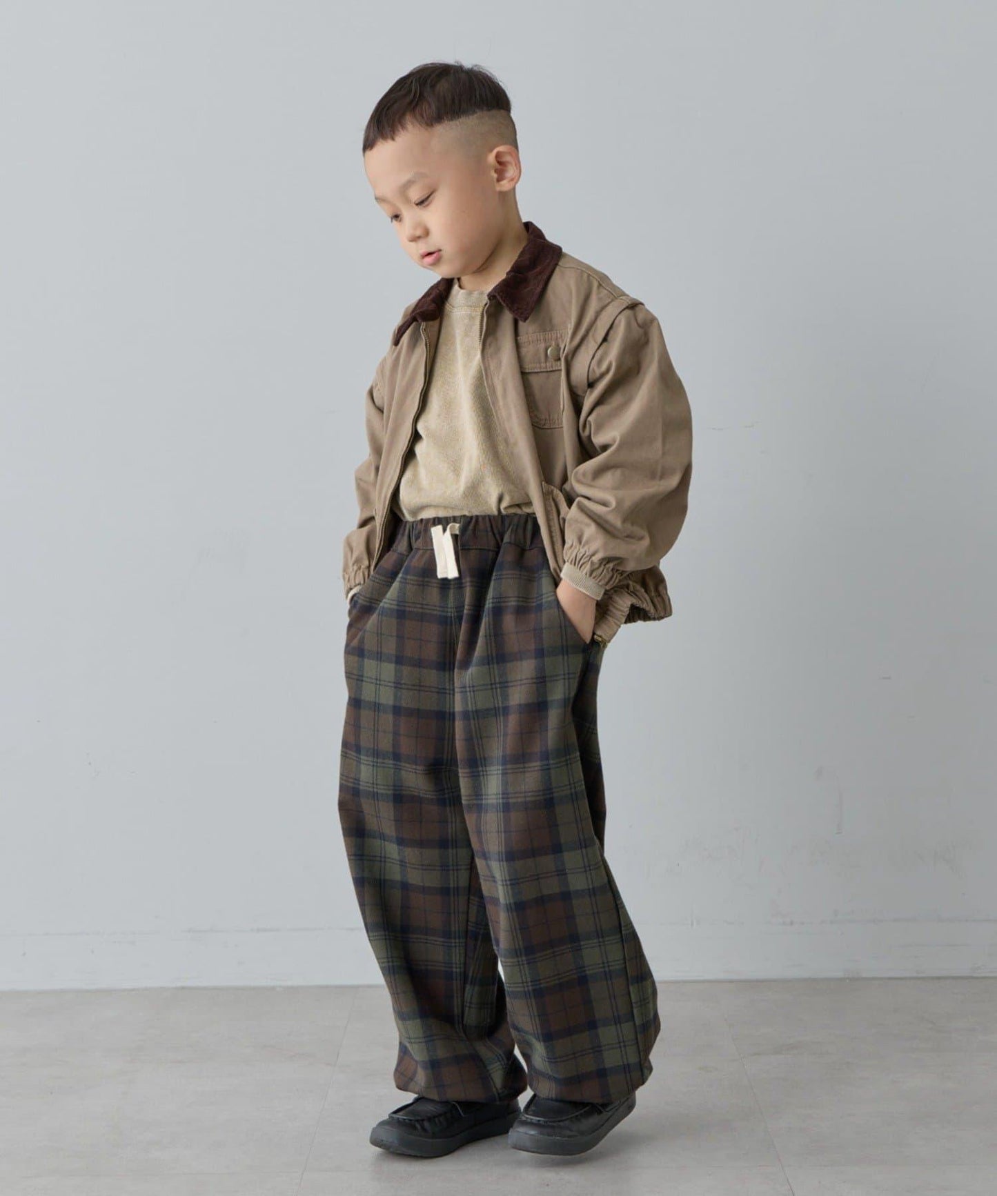 【兒童】【紅色&藍色】下襬抽繩格紋休閒褲