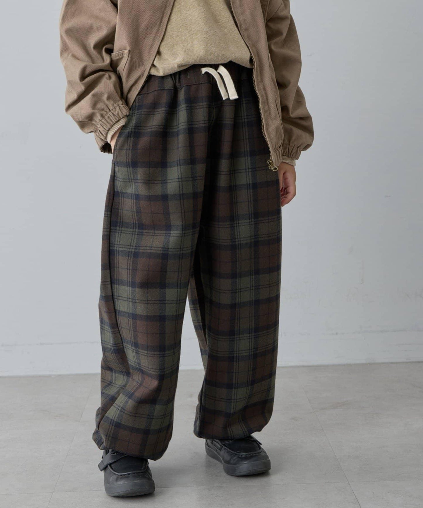 【兒童】【紅色&藍色】下襬抽繩格紋休閒褲