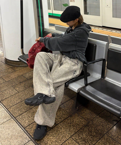 【薩基企劃】【可調節腰圍】超染褶皺設計牛仔褲