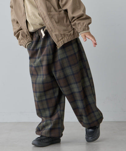 【兒童】【紅色&藍色】下襬抽繩格紋休閒褲