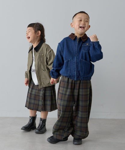 【兒童】【紅色&藍色】下襬抽繩格紋休閒褲