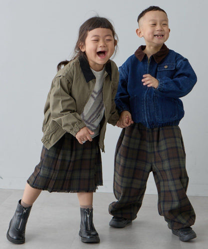 【兒童】【紅色&藍色】下襬抽繩格紋休閒褲