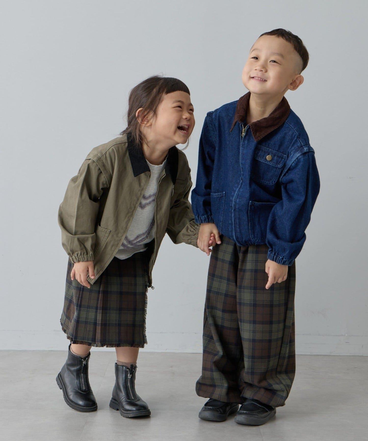 【兒童】【紅色&藍色】下襬抽繩格紋休閒褲