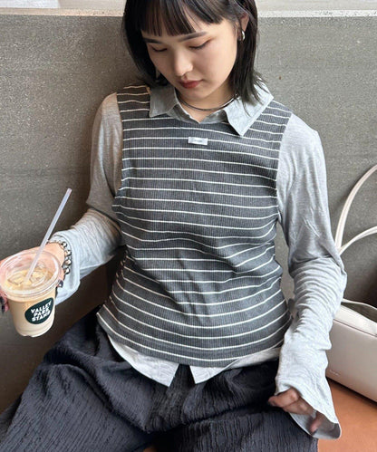 【CIAOPANIC TYPY】條紋背心疊穿翻領透視剪裁襯衫