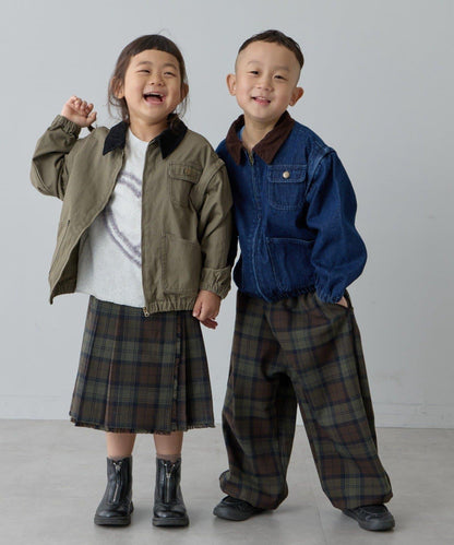 【兒童】【紅色&藍色】下襬抽繩格紋休閒褲