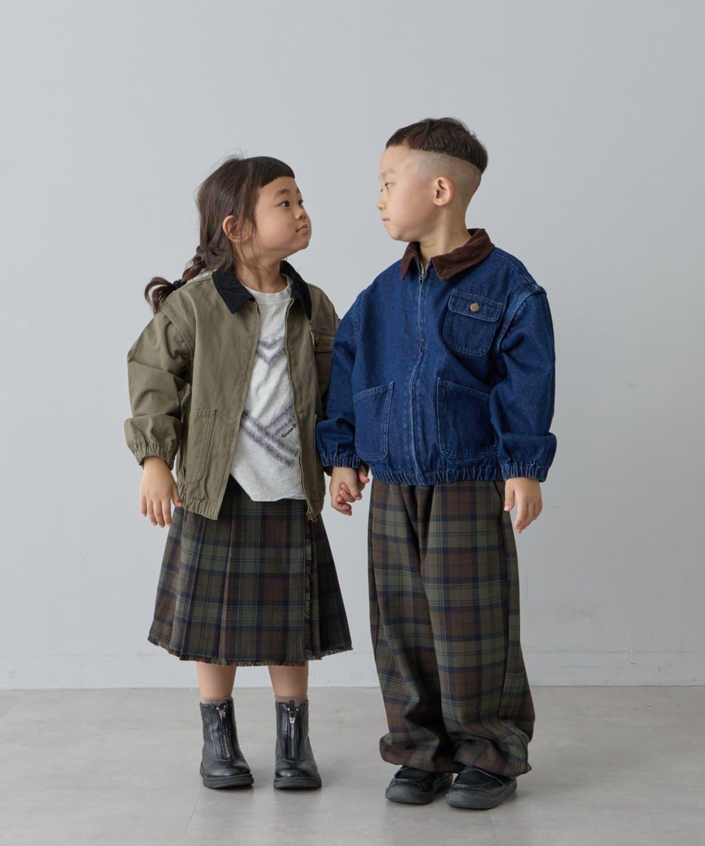 【兒童】【紅色&藍色】下襬抽繩格紋休閒褲