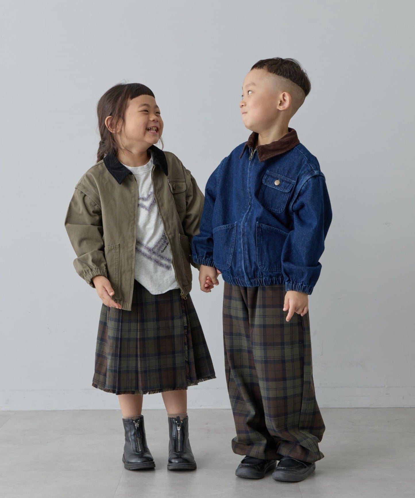 【兒童】【紅色&藍色】下襬抽繩格紋休閒褲