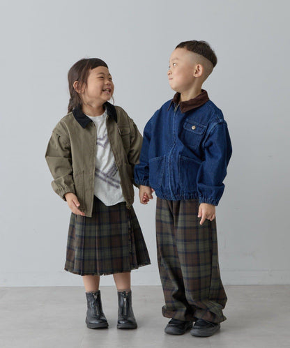 【兒童】【紅色&藍色】下襬抽繩格紋休閒褲