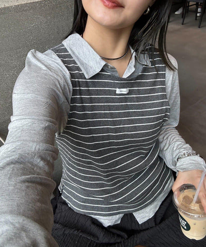 【CIAOPANIC TYPY】條紋背心疊穿翻領透視剪裁襯衫