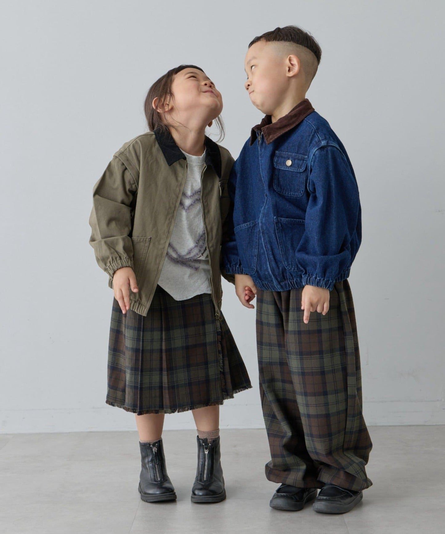 【兒童】【紅色&藍色】下襬抽繩格紋休閒褲