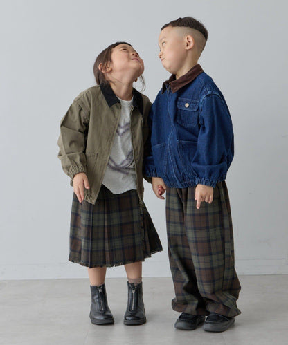 【兒童】【紅色&藍色】下襬抽繩格紋休閒褲