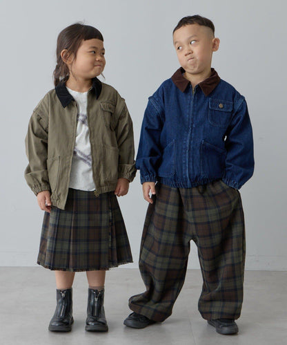 【兒童】【紅色&藍色】下襬抽繩格紋休閒褲