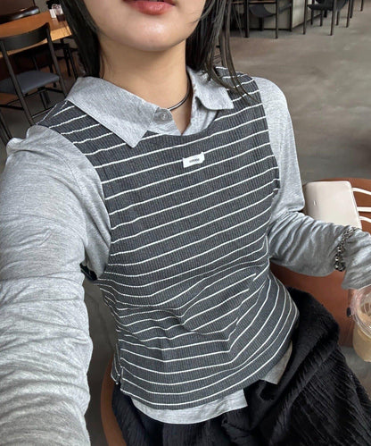 【CIAOPANIC TYPY】條紋背心疊穿翻領透視剪裁襯衫