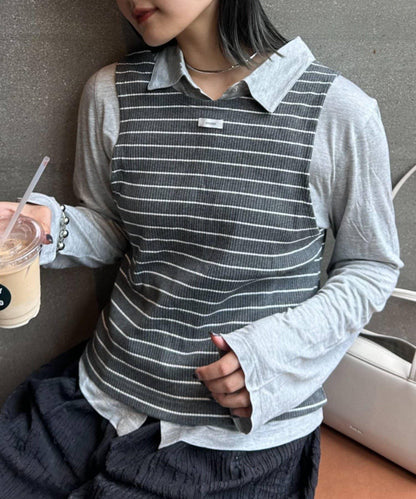 【CIAOPANIC TYPY】條紋背心疊穿翻領透視剪裁襯衫