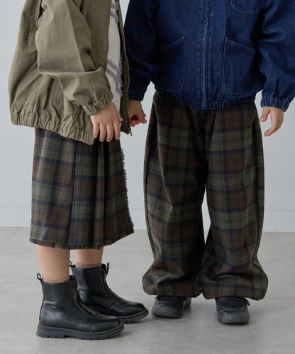 【兒童】【紅色&藍色】下襬抽繩格紋休閒褲