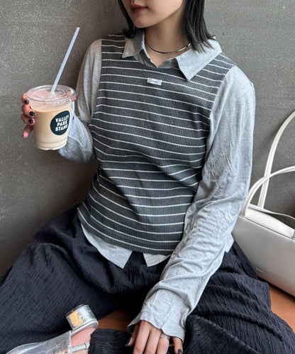 【CIAOPANIC TYPY】條紋背心疊穿翻領透視剪裁襯衫