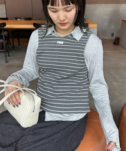 【CIAOPANIC TYPY】條紋背心疊穿翻領透視剪裁襯衫