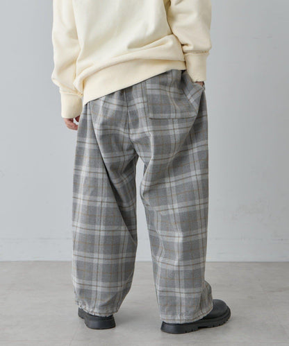 【兒童】【紅色&藍色】下襬抽繩格紋休閒褲