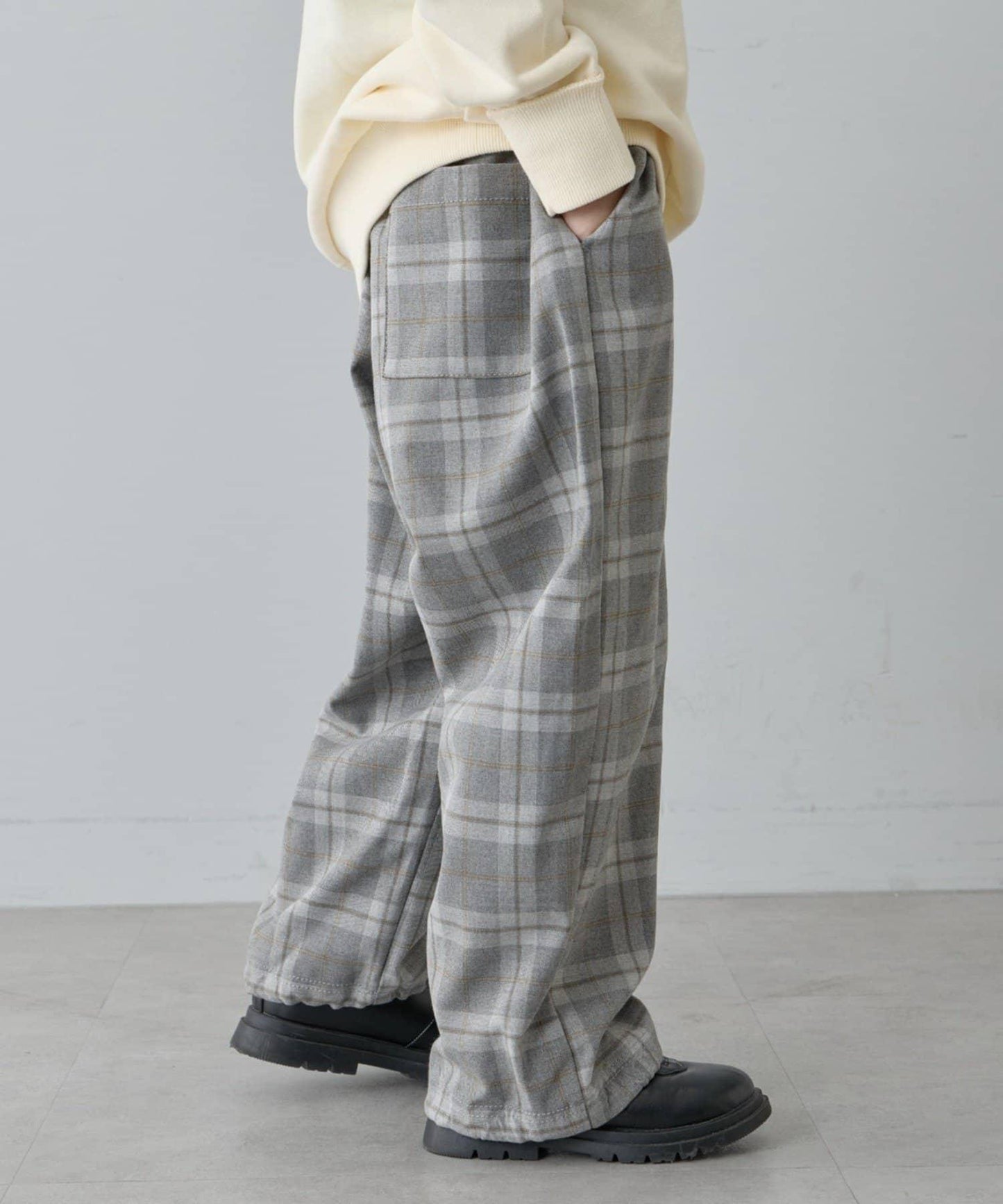 【兒童】【紅色&藍色】下襬抽繩格紋休閒褲