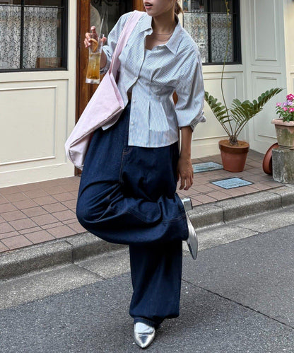 【薩基企劃】【可調節腰圍】超染褶皺設計牛仔褲