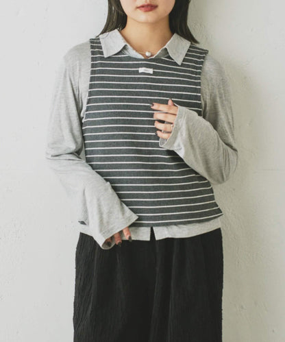 【CIAOPANIC TYPY】條紋背心疊穿翻領透視剪裁襯衫