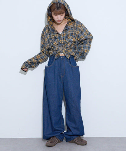 【薩基企劃】【可調節腰圍】超染褶皺設計牛仔褲