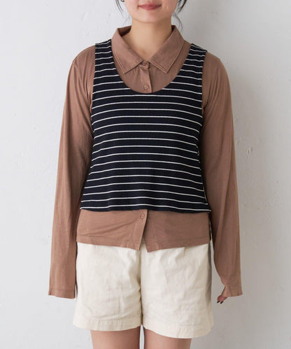 【CIAOPANIC TYPY】條紋背心疊穿翻領透視剪裁襯衫