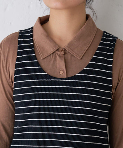 【CIAOPANIC TYPY】條紋背心疊穿翻領透視剪裁襯衫