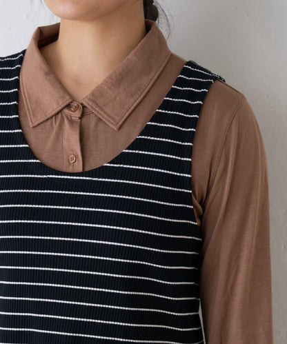 【CIAOPANIC TYPY】條紋背心疊穿翻領透視剪裁襯衫