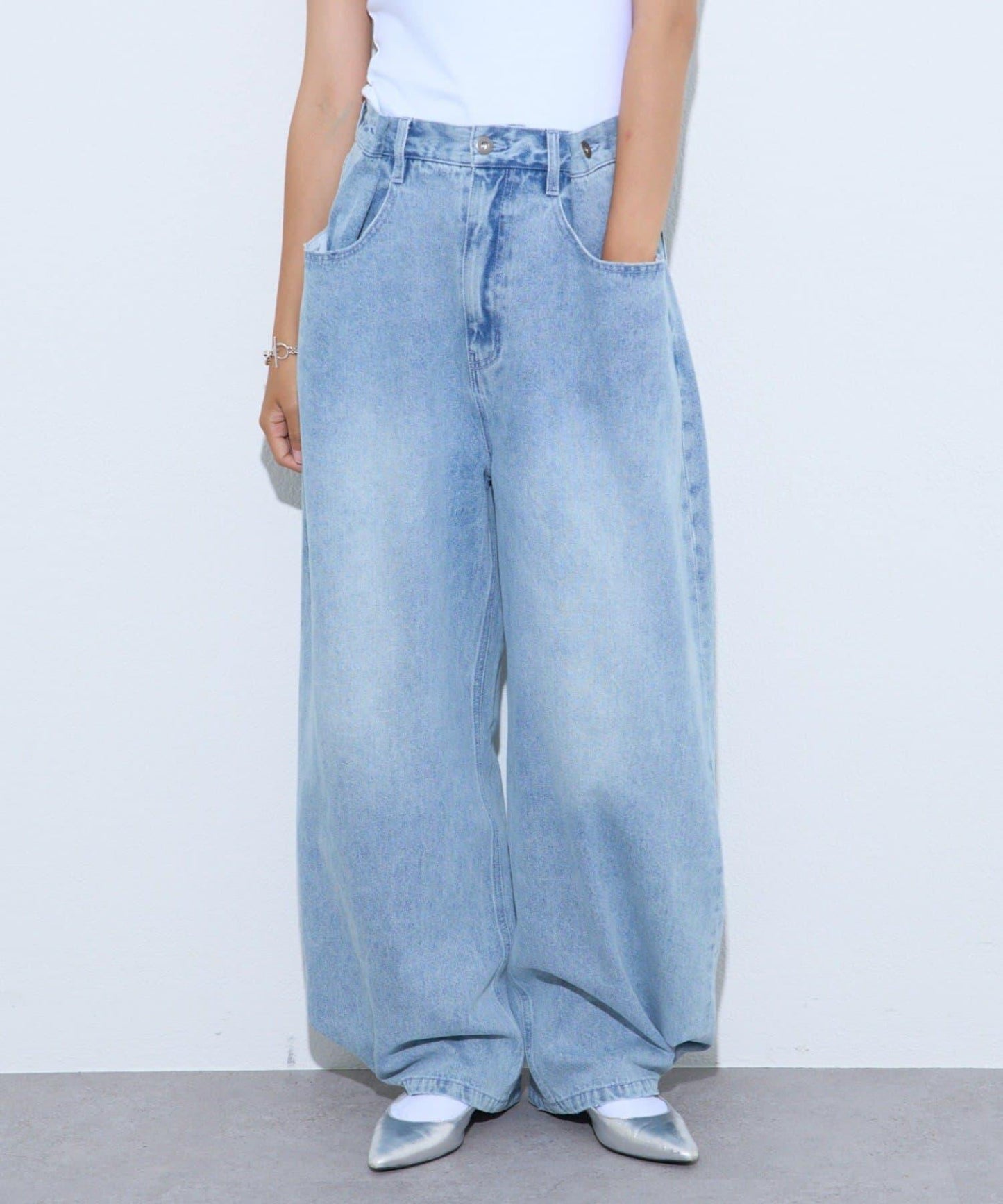 【薩基企劃】【可調節腰圍】超染褶皺設計牛仔褲